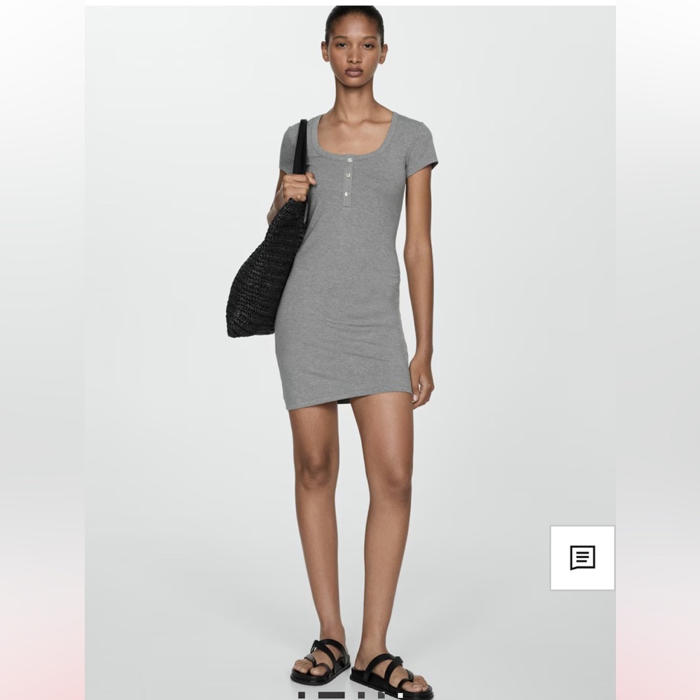 Mango Gray Rib-Knit Henley Scoop Neck Mini Dress